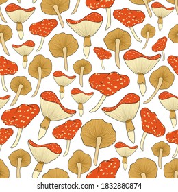 seamless repeat pattern, vector graphic elements, button and fly agaric mushrooms in red, brown and beige on a white background