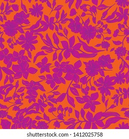 Seamless repeat pattern. Vector illustration of pink, orange and purple leaves, flowers, tulips and petunias.