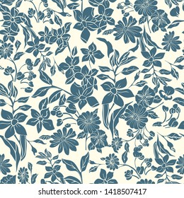 Seamless repeat pattern. Vector illustration of indigo and cream leaves, flowers, tulips and petunias.