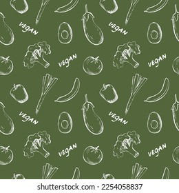 Seamless repeat pattern with vegetables, fruits and the word vegan on a green background. Hand drawn vegetables, fruits and inscriptions in a pattern for textiles, wrapping paper and packaging design