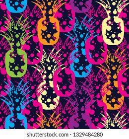 Seamless repeat pattern Vibrant Pineapple is inspired by trendy tropical plant fruit – Ananas comosus. Vector print combines polka dots with exotic pineapple shape. Bright colors make print fun an pop
