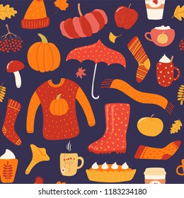 Seamless repeat pattern with warm clothes, umbrella, boots, food, leaves, on a blue background. Hand drawn vector illustration. Flat style design. Concept for autumn print, wallpaper, wrapping paper.
