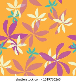 seamless repeat pattern with whimsical flowers on orange background. Modern and original textile, wrapping paper, wall art design.