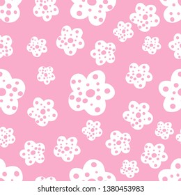 Seamless repeat pattern with white flowers on pink background. Hand drawn fabric, gift wrap, wall art design.Vector illustration