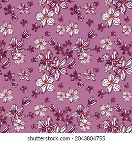 Seamless repeat pattern with white flowers on pink background. Wild floral texture, print, stamp. Hand drawn fabric, gift wrap, wall art design. Stock vector illustration