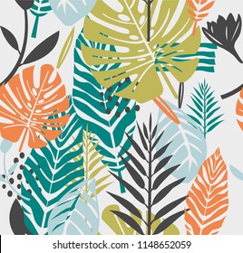 Seamless repeat pattern witn tropical leaves. wallpaper, textile, gift wrap design