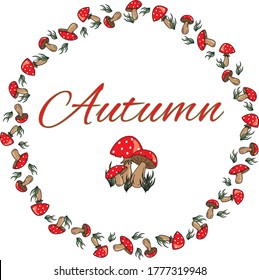 Seamless repeat pattern wreath of redcap mushrooms with the Autumn as text in the centre of logo