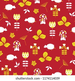 Seamless repeat pattern wtih hedgehogs flowers leaves on red background. Great for fabric, paper producs, home decor, fashion and more.