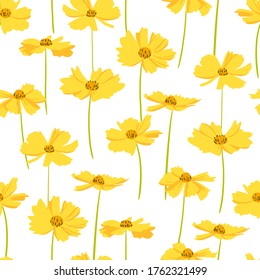Seamless repeat pattern with yellow flowers. Vector background. Hand drawn illustration. Great for fabric, textile, print.