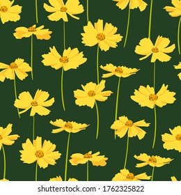 Seamless repeat pattern with yellow flowers on green background. Hand drawn vector illustration. Great for fabric, textile, print.