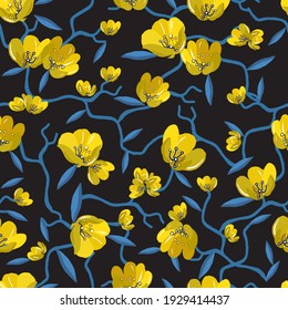 Seamless repeat pattern with yellow flowers on black background. Hand drawn fabric, gift wrap, wall art design. Stock vector illustration