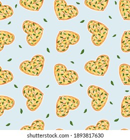 Seamless repeat pattern of Yellow Heart shaped pizza with cheese and basil. Blue background, green leaves are around