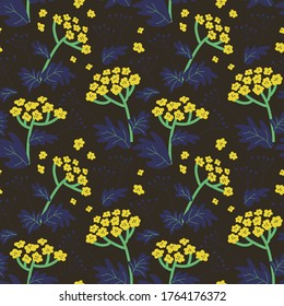 Seamless repeat pattern with yellow wild flowers on a dark background. Flat colorful vector illustration.