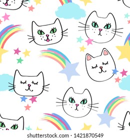 Seamless repeat patterns with happy girly cat faces, colorful rainbows and shooting stars