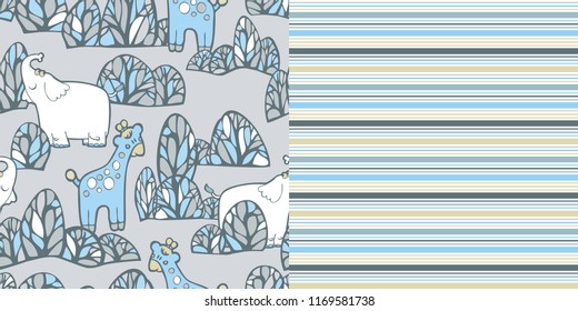 Seamless Repeat Patterns Set / Safari Animal Print and Coordinated Stripe Pattern / Gray Background / Global colors saved in Swatches Panel 