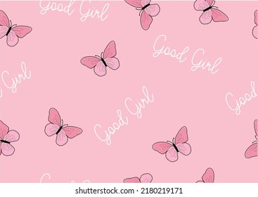 seamless repeat pink butterfly and good girl vector design