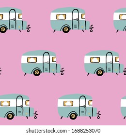 Seamless repeat retro camper. Vintage rv seamless pattern with pink background