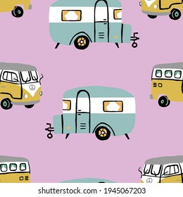 Seamless repeat retro campervan. Vintage bus wagon seamless pattern with pink background