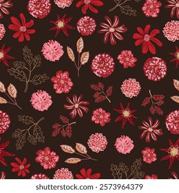 Seamless repeat scattern pattern of dahlia flowers and leaves on a dark brown background.

Designed by Anne Hickley, www.marbledbeauty.co.uk