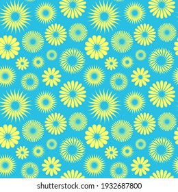 Seamless repeat swatch pattern. Vector design of sunny yellow flowers. Fun geometric rosettes. Wrapping paper, wallpaper, background, fashion textiles, children's wear, cards, decor.