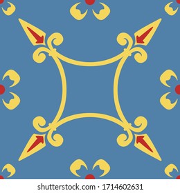 Seamless repeat tile with flowers connecting 4 point star scrolls