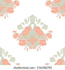 Seamless repeat tile of sweet birds, hearts and flowers in peach and pale green on a white background. Ideal for nursery decor and newborn baby’s fabric print. Cute design in soft pastel shades