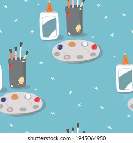 Seamless repeat vector art pattern with paint brushes, paint, and glue.