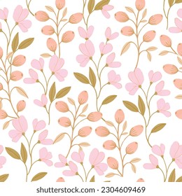 Seamless Repeat Vector Floral Botanical Ditzy Bud Flower Meadow Dainty Pink Peach Illustration Pattern