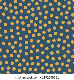 Seamless repeat vector orange dots on blue background. Randomly placed polka dots seasonal pattern. Great coordinate for autumn, fall, Thanksgiving, summer, web backgrounds, page fill, web banners
