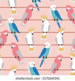 Seamless Repeat Vector Parrots Sitting On Wire - Cockatoos, Australian Birds
