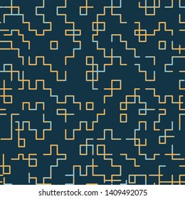 Seamless repeat vector pattern of a abstract, geometric, minimalism design. With stripes which create a maze, blocks and lines. In light blue and yellow mustard. Isolated at a blue, dark background.