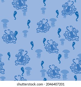 Seamless repeat vector pattern of abstract blue seahorse, octopus, and jellyfish silhouettes scattered on a pale background. Great for fashion, textiles, surface textures, giftwrap, wallpaper.