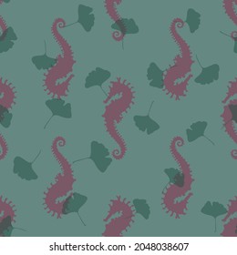 Seamless repeat vector pattern of abstract pink seahorse silhouettes and gingko leaves on a green background. Great for fashion, textiles, surface textures, giftwrap, wallpaper. 