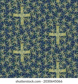 Seamless repeat vector pattern based on Byzantine Orthodox church mosaics. Surface design for fabric, wallpaper, wrapping paper, invitation cards. Dark blue, green,  golden colors.
