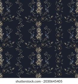 Seamless repeat vector pattern based on Byzantine Orthodox church mosaics. Surface design for fabric, wallpaper, wrapping paper, invitation cards. Dark blue, golden colors.