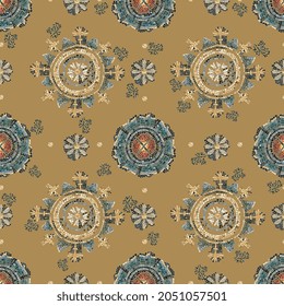 Seamless Repeat Vector Pattern Based On Byzantine Orthodox Church Mosaics. Surface Design For Fabric, Wallpaper, Wrapping Paper, Invitation Cards. Neutral Beige, Golden Colors.