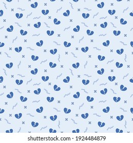 seamless repeat vector pattern of blue broken hearts, squiggly lines and crosses