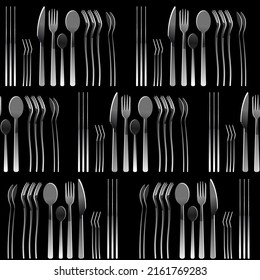 Seamless repeat vector pattern. Collection of cutlery,  silverware on black. 