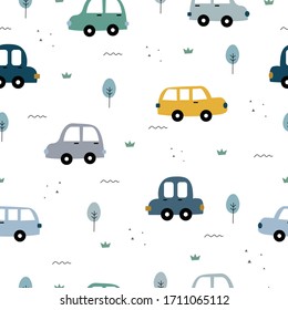Seamless repeat vector pattern Colorful vintage car background and trees with small grass clumps. Designed for wrapping gifts, textiles, fabrics, publications, wallpapers, vector illustrations.