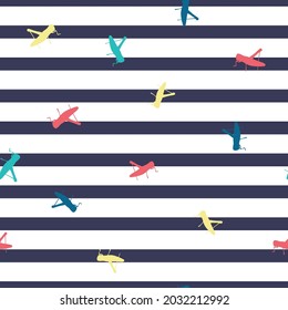 Seamless repeat vector pattern of colorful grasshopper silhouettes scattered over blue and white stripes. Great for fashion, textiles, giftwrap, packaging, backgrounds.