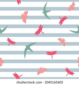 Seamless repeat vector pattern of colorful dragonfly, bird, and bee silhouettes flying over a background of blue horizontal stripes. Great for fashion, textiles, surface textures, giftwrap.