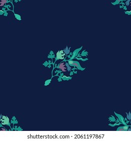 Seamless repeat vector pattern of colorful floral sprigs on a dark blue background. Great for fashion, textiles, surface textures, giftwrap, wallpaper.