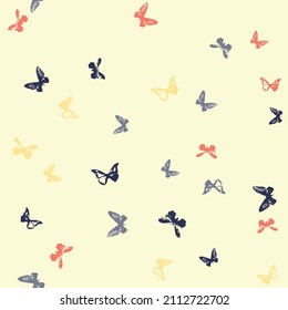 Seamless repeat vector pattern of colorful butterfly shapes on a cream background. Vintage style. Wood block effect. Great for fashion, textiles, surface textures, giftwrap, wallpaper.