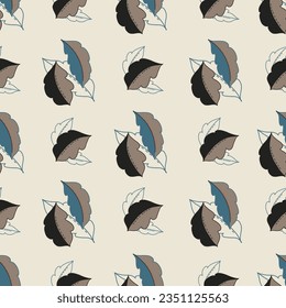 A seamless repeat vector pattern design featuring autumn leaves in blue, brown and tan falling on a light brown background.
