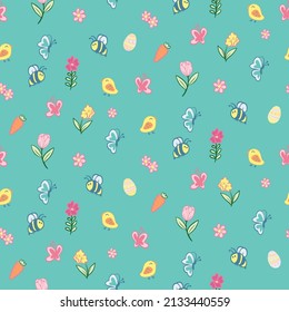 Seamless Repeat Vector Pattern with Easter Bunny flowers butterflies bees and Easter eggs. Cute Illustration for springtime holidays.