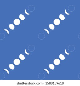 Seamless repeat vector pattern featuring the phases of the moon. All phases represented, full moon, new moon, waxing and waning gibbous , waxing and waning crescent. 