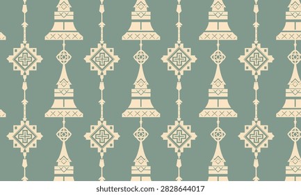 Seamless repeat vector pattern featuring tiered Thai pagoda and stupa motifs with diamond ornaments on a muted sage-teal ground. Ideal for luxury packaging, fabric, wallpaper, and cultural home decor