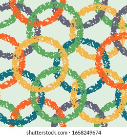 Seamless Repeat Vector Pattern With Five-color Rings Crossing Over, With Textured Printmaking Effect