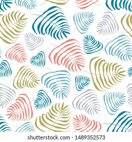 Seamless repeat vector pattern of fun tropical leaves in a cheerful palette
