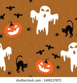 Seamless repeat vector pattern with ghost and black cats on beige brown background. Scary Halloween wallpaper design.